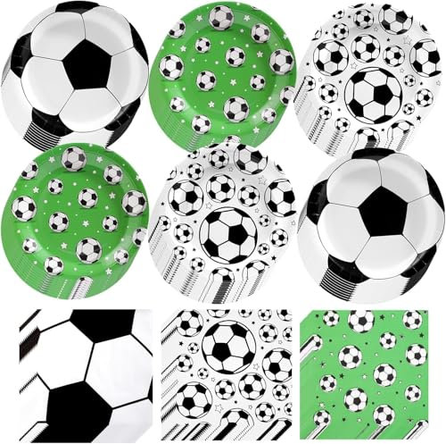 Juego de 120 decoraciones de fiesta de fútbol para 60 personas, juego de vajilla desechable con platos y toallas de papel con estampado de fútbol - Decoraciones de cumpleaños temáticas