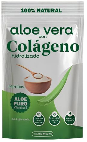 Aloe Vera Puro Gel 100% Natural con Colágeno Hidrolizado -Orgánico-Vegano-Hidratación profunda y detox | Antioxidante | Cicatriza, Calma, Refresca la Piel | Bienestar digestivo | Vitamina E | 400 g