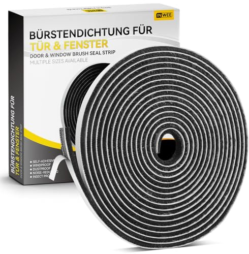 Inwee Junta de Cepillo Autoadhesiva, 6m (L) x 9mmx5mm, Burlete Cepillo para Puerta Corredera Ventana y Persiana, Exclusor de Corrientes para Puertas, para Anti Frío, Aislante, Ruido y Colisión-Negro