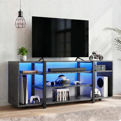 Blisswood 140cm LED TV Stand Cabinet for up to 65 inches TVs, Industrial TV Unit with RGB Lights, 7 Storage Shelves, Media Entertainment Center with Metal Frame, TV Table for Living Room, Marble Black