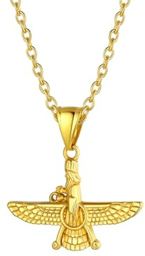 U7 Herren Damen Halskette mit Faravahar Anhänger Edelstahl Farohar Forouhar Anhänger mit Weizenkette/Rolokette Iranische Persische Kettenanhänger Zoroastrismus Modeschmuck für Geburtstag Jahrestag