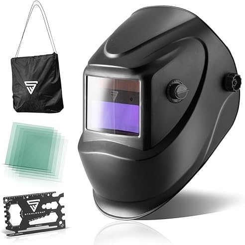 STAHLWERK Automatik-Schweißhelm ST-450R - Schweißerhelm für Einsteiger geeignet, automatische Abdunkelung DIN 9-13, Sensitivität ist stufenlos einstellbar, nur 500 Gramm, Sichtfeld 92,5 x 42,5 mm