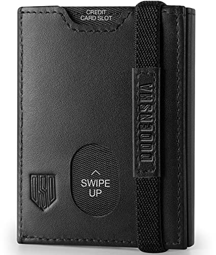 DODENSHA Billetera con Cremallera, 6 Ranuras para Tarjetas, 1 Ranuras para ID, Banda Elástica para Hombre Pequeña, Carteras con RFID, Tarjetero de Piel, Monedero de Cuero
