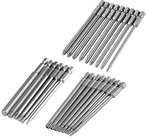 Gasea 23pcs 1/4 Tige Hex S2 Acier 100mm/4 Jeu d'Embouts de Tournevis Magnétiques-8PCS T8-T40 Sécurité Torx, 6PCS H2.5-H8 Tête Hexagonale et 9PCS Embouts Tête Cruciforme