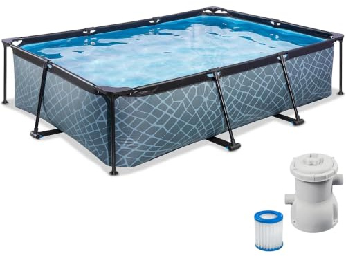 EXIT Toys Stone Pool - 300x200x65cm - Piscina de Marco Rectangular Compacta con Bomba de Filtro de Cartucho - Fácil Acceso - Adecuado para Pequeños - Marco Robusto - Diseño Único - Gris