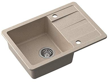 VBChome Évier 62 x 44 cm - Beige - Granit - Évier encastrable - Surface d'écoulement mouchetée - Réversible - Avec siphon - Distributeur de liquide vaisselle