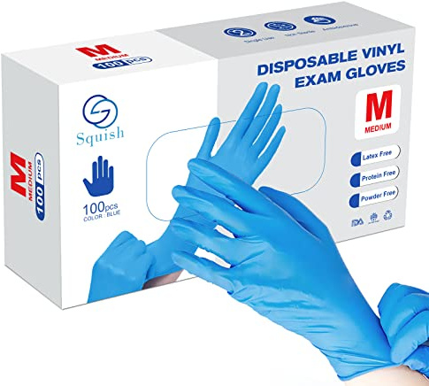 squish Disposable Gloves, Blue 4 mil Vinyl Synmax Blend Exam Gloves Non Sterile, Powder Free, Latex Free - Cleaning Supplies, Kitchen and Food Safe(Pack of 100) (Blue Medium)