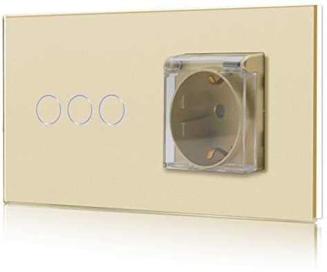 BSEED Lichtschalter 3 Fach 2 Wege mit Steckdose, Glas Wandsteckdose mit Wasserdichter Abdeckung, Ideal für Feuchträume Outdoor und Indoor Verwendung, 157mm Gold
