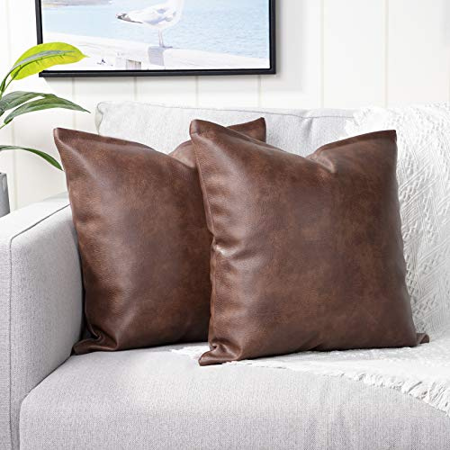 Yaertun 2er Pack Luxus Kunstleder und Baumwolle dekorative Kissenbezug Set Kissenbezüge Sofabezug Schlafzimmer Auto Kissenhülle?20x20inch 50x50cm Braun weiß Kissenbezug