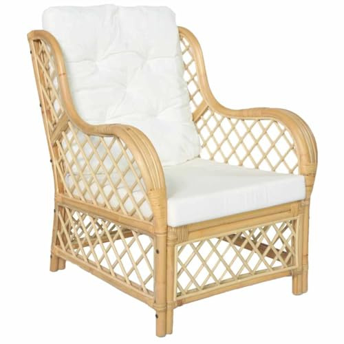 vidaXL Sessel mit Kissen Relaxsessel Rattansessel Relaxstuhl Loungesessel Armsessel Ohrensessel Sofa Wohnzimmer Natur-Rattan Leinen