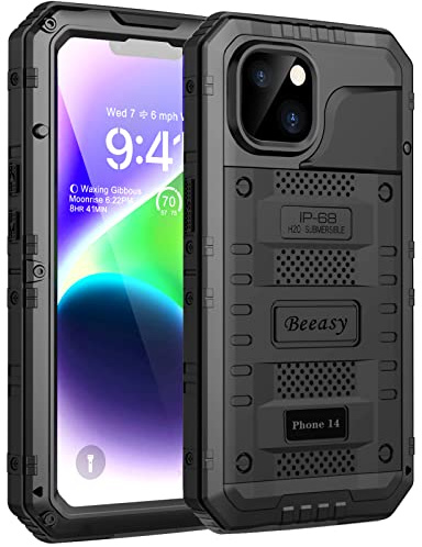 Beeasy für iPhone 14 Wasserdicht Outdoor Hülle (6,1), Stoßfest Panzerhülle Militär 360 Grad Schutzhülle mit Displayschutz, Robust Metall Heavy Duty Handyhülle iPhone 14 Case, Schwarz