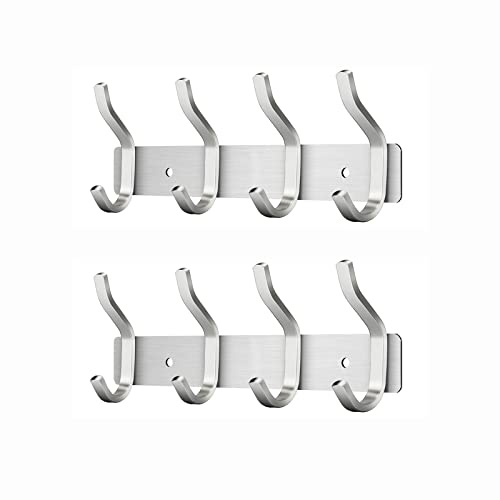 MEIJO Garderobenhaken Edelstahl, Hakenleiste Kleiderhaken Wand mit 4 Haken, Garderobe Garderobenleiste Wandgarderobe für Schlafzimmer Bad Küche (Silber, 4 Haken 2 Stück)