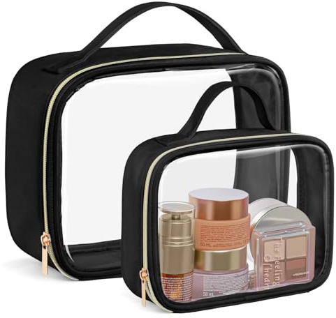 PACKISM Clear Makeup Bag Combo Pack, 1 TSA Approved Medium & Large for Checked Luggage, Clear Toiletry Bag with Handle, Water-resistant Travel Essentials Organizer, Black