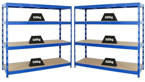 PROREGAL Mega Deal | 2X Profi Schwerlastregal Rhino | HxBxT 180x200x60cm | 4 Spanplatten-Ebenen 8mm | Fachlast 500kg | Blau | Garagenregal Lagerregal Steckregal Weitspannregal