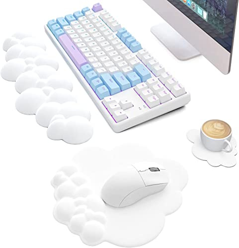 AJAZZ 3 in 1 Cloud Ergonomische Tastatur-Handballenauflage,Mauspad und Untersetzer-Set,PU-Leder,rutschfeste Gummibasis und Memory-Schaum,einfaches Tippen und Schmerzlinderung,für Spiele,Office-Weiß