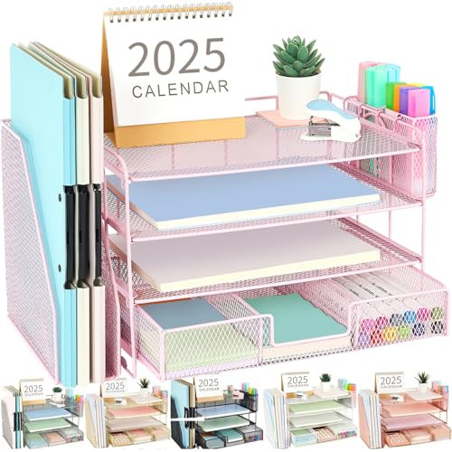 gianotter Organizador de papel con soporte para archivos para escritorio, bandeja para cartas de 4 niveles, organizadores de escritorio de oficina y accesorios, organizadores de espacio de trabajo con
