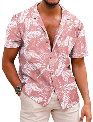 COOFANDY Camicia Hawaiana a Maniche Corte Camicia Estiva a Maniche Corte Camicia in Lino da Uomo