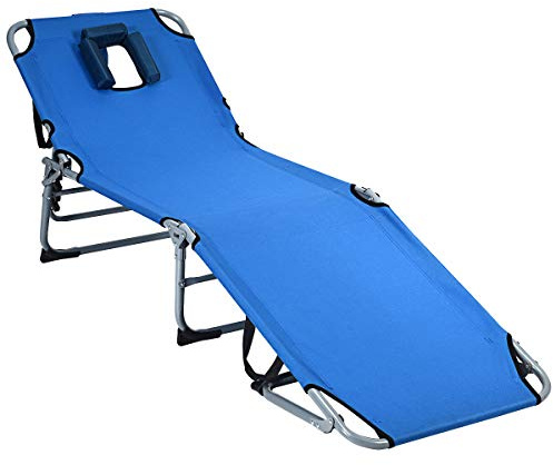 KOMFOTTEU Sonnenliege, klappbarer Liegestuhl mit verstellbaren Rückenlehne, Loch für Gesicht und Kissen, Strandliege für Garden Strand Pool, 194cm x 60cm x 36cm (Blau)