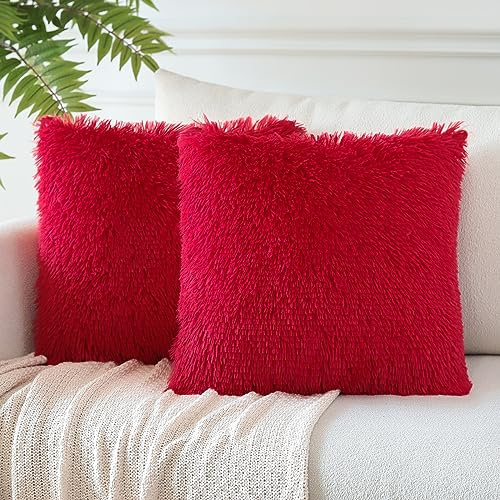 JOTOM 2er Set Kissenbezüge Künstlich Pelz Sofakissen Dekorative Dekokissen Plüschkissen Kuschelig Flauschig Kissenbezug für Sofa 45x45cm Rot