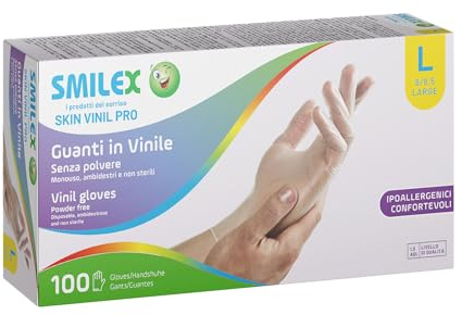Bericah,Skin Vinil Pro, Guanti in Vinile,TAGLIA L, Senza Polvere,Monouso, 1 box da 100 Guanti