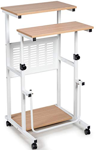 GIANTEX Sitz-Steh 2-in-1 Schreibtisch höhenverstellbar, Computertisch Zeichentisch mit Rollen, Stehschreibtisch 2 separaten Arbeitsstation, PC Tisch Arbeitstisch mit Fußstütze, Neigbarer Laptoptisch