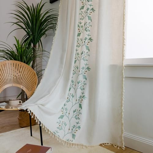 A.Monamour Tenda per Interni Traslucido Semi Oscurante Boho Decorativo con Nappe Floreale in Cotone Tessuto Tende a Pannello Porta Finestra per Camera da Letto Soggiorno Cucina, 1 Pezzo, blu fiori