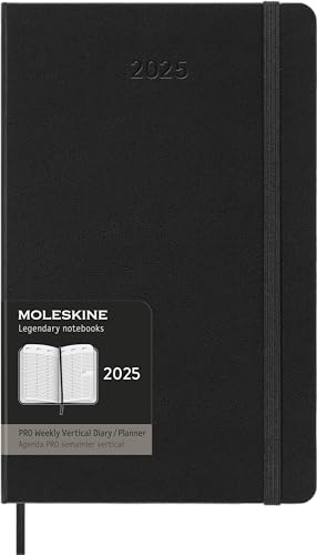Moleskine Weekly Planner, Agenda Semanal Vertical Pro de 12 Meses 2025, Tapa Dura y Cierre Elástico, Color Negro, Formato Grande 13x21 cm
