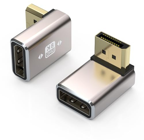VMOJO Lot de 2 adaptateurs de coupleur DisplayPort, coque en alliage 8K UHD HDR Displayport (DP) 1.4, angle vers le haut, mâle vers femelle, convertisseur d'extension 8K @ 60Hz/4K @ 144Hz