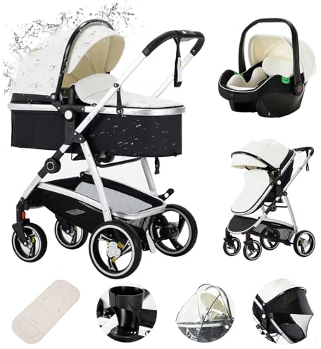 Zkiprm Passeggino Trio, Passeggino 3 in 1 | Passeggino Sistema Combinato con Navicella Ovetto Seggiolino Auto, Coprigambe, Modalità doppia spinta reversibile, carrozzina pieghevole in alluminio