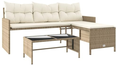 vidaXL Gartensofa in L-Form mit Tisch und Kissen Beige Poly Rattan