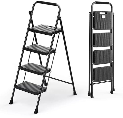 Marvin Scala Domestica in Acciaio, Sgabello Pieghevole 4 Gradini con Pedana Larga Antiscivolo, Ultra Slim Portatile Scaletto Robusto Salvaspazio portata 150 kg Nero (4 Gradini)