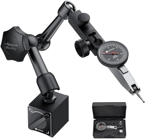 Neoteck Dial Test Indicator with Magnetic Base Stand and Storage Case, 0-0.03/0.0005 Test Indicator Set with 2 Steel Dovetail Clamps 3/8'' and 5/32'' for Machine Set-Up-Black