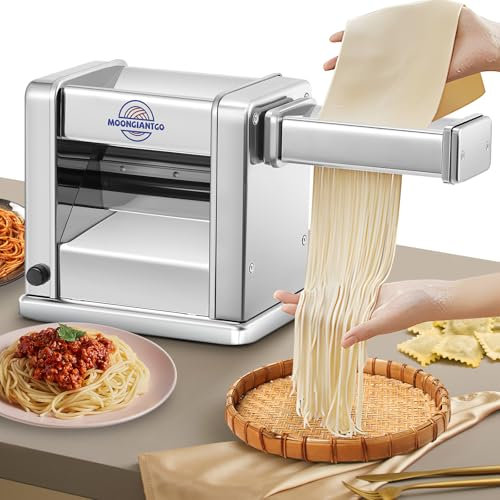 Moongiantgo Máquina de Pasta Eléctrica Laminadora de Masa Acero Inoxidable con Cortador de 2mm/4mm/6.5mm para Espaguetis, Ravioli, Ajuste de Espesor de 7 Velocidades para Uso Doméstico (3Cuchillas)