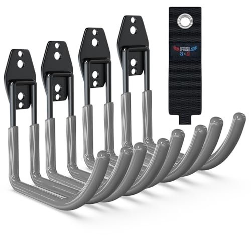 3-H Heavy Duty Garage Hooks, 4 Pack 80lbs Capacity, Solid Steel Hooks with Adjustable Extension Belt, 3 Round Welding Spots - Storage for Ladders, Bikes, Garden Tools, Bulky Items & Shed (Grey)