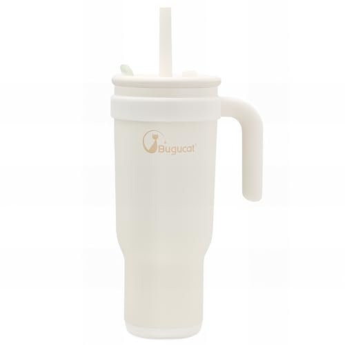 Bugucat Taza Térmica con Pajita y Asa, 1,2L, Vaso Termo Café para Llevar, Doble Pared, a Prueba de Fugas, Taza con Tapa para Bebidas Frías y Calientes, Vaso Térmico para Coche, Color Blanco