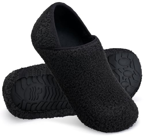 WateLves Women's & Men's Lightweight Cozy Faux Furry House Slippers - Rubber Sole Slip On Sock Shoes - Foldable Travel Slippers - Indoor & Outdoor (Fluff/Black, 38/39)