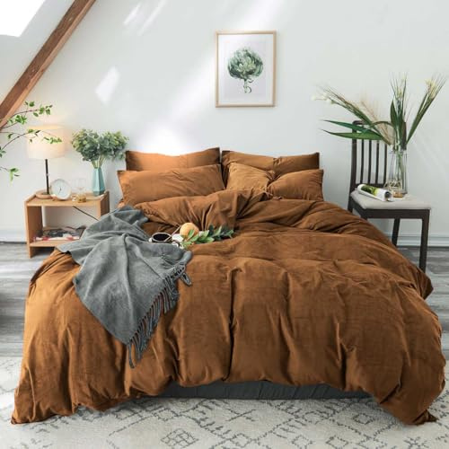 Famanti Queen Size Velvet Duvet Cover Set, 3PCS, Brown, 80'90', Soft Luxury Textured Flannel, Warm Faux Fur, Machine Washable