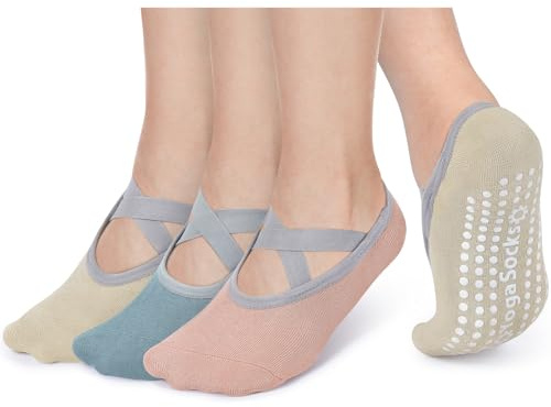 Queenshin 3 Paires Chaussettes de Yoga Antidérapantes,Chaussettes Pilates en Coton avec Straps,Pour Barre Ballet Danse trampoline Fitness,Taille Unique