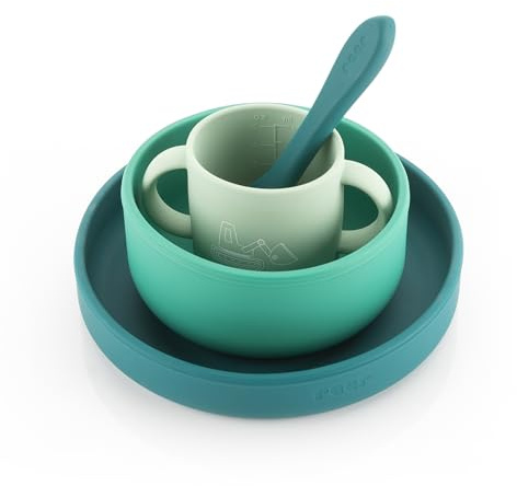 reer Silikon Geschirrset| Kinder-Geschir | 4-teilig – Teller, Schale, Becher & Löffel | lebensmittelechtes Silikon | geeignet für Backofen, Mikrowelle & Gefrierschrank |spülmaschinengeeignet |grün