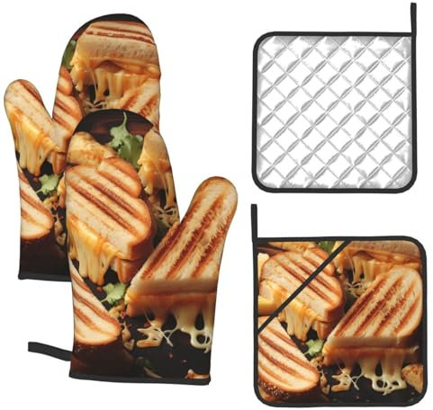 4 Pcs Oven Mitts and Pot Holders Set Cheese Sandwiches BBQ Gloves Heat Resistant Potholders Non-Slip Cooking Gloves Thicken Long Kitchen Oven Glove for Grill Baking Microwave