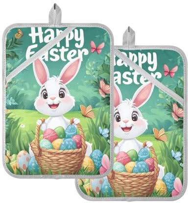 JUMBEAR Set di presine pasquali e portauova con tasca, per cucina, resistenti al calore, presina, guanti da forno e sottopentola per cuocere al forno, 17,8 x 22,9 cm