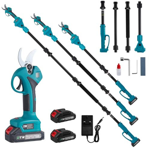 Troncarami a batteria telescopica con portata di 2,4 m, 2 in 1 800 W, cesoie elettriche da giardino con manico telescopico, 2 batterie da 21 V, 1500 mAh, display LCD, motore senza spazzole per
