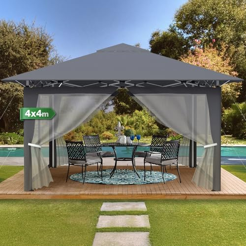 Faltpavillon 4X4 Höhenverstellbar, Pop-Up Pavillon, Gartenpavillon mit 4 Moskitoseitenteilen-Transporttasche-Windseil-Erdnägel, Metall & 210D Oxford-Gewebe, Zelt für Gartenparty Wasserdicht, Anthrazit