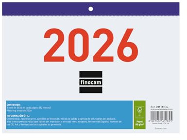Finocam Wandkalender mit großen Zahlen 2026, Monatsansicht, Januaransicht, Dezember (12 Monate), Kalender 2026, Monatsplaner 2026, Spanisch