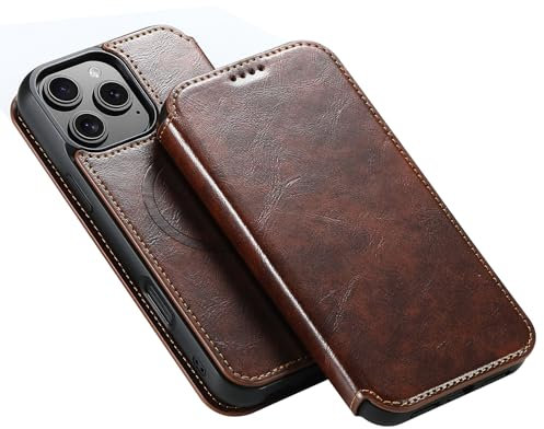 FDUJINH Custodia per iPhone 16 PRO Max/16 Pro/16 Plus/16, Ricarica Wireless Magnetica Cover in Pelle con Portacarte Flip Protezione Caso,Ottone,16 Plus