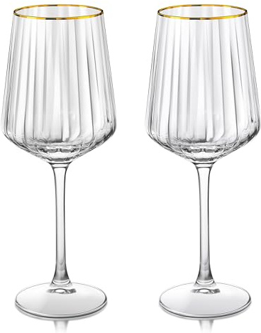 Joeyan 560ml Gerippte Weingläser mit Goldrand,Gold Rimmed Rotweingläser 2er Set,Handgefertigte Kristall Weißweinglas,Kelche Groß Bauchig mit Stiel,Geschenke für Hochzeitstag Jahrestag Geburtstag Party