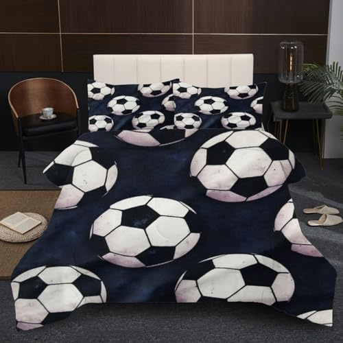 Fotmung Couette 140x200 Enfant Ballon de Football Noir, Édredon Tempérée 140 x 200 cm de Lit 1 Personne, Edredon Toutes Les Saisons en Microfibre avec 2 Taies d'oreiller 65 x 65 cm