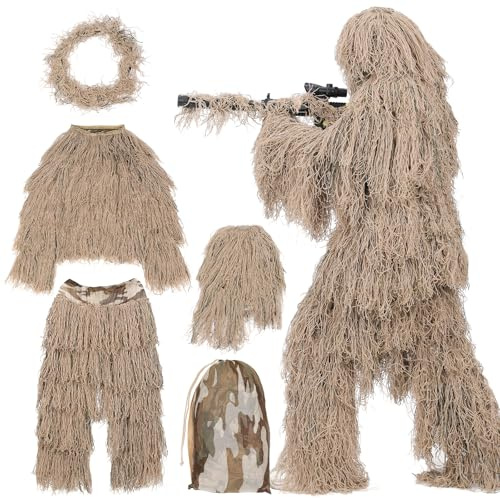 SETLUX Ghillie Suit for Men, 5 in 1 3D Camouflage Hunting Suits Camo Hunting Clothes for Adults, M/L/XL/XXL, Woodland or Desert desert-M/L