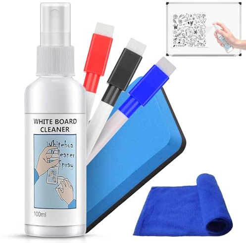 Limpiador Pizarra Blanca, Whiteboard Cleaner Spray Solution, Spray Limpieza Pizarra Blanca, con Borrador Pizarra Blanca Magnetico y 3 Marcadores Magnéticos Coloridos para Escuelas, Oficinas, 100ml