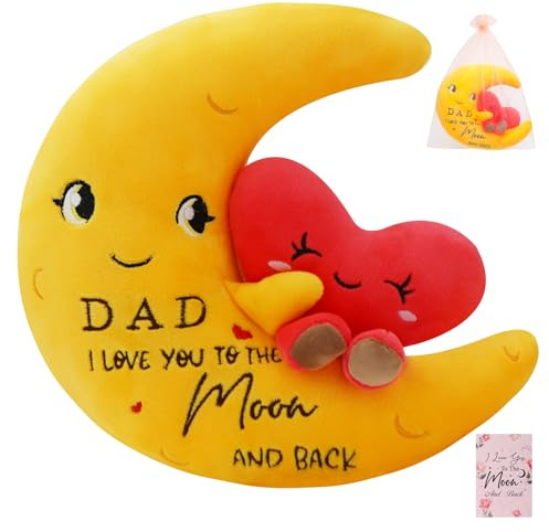 Moon Love Plush Dad's Gift – Dad I Love You to the Moon and Back Pillow Stuffed Animal Heart Plush Toy Sweet Card and Tulle Gift Bag for Father’s Day Father Christmas Valentine's Day Gift 11 Inch